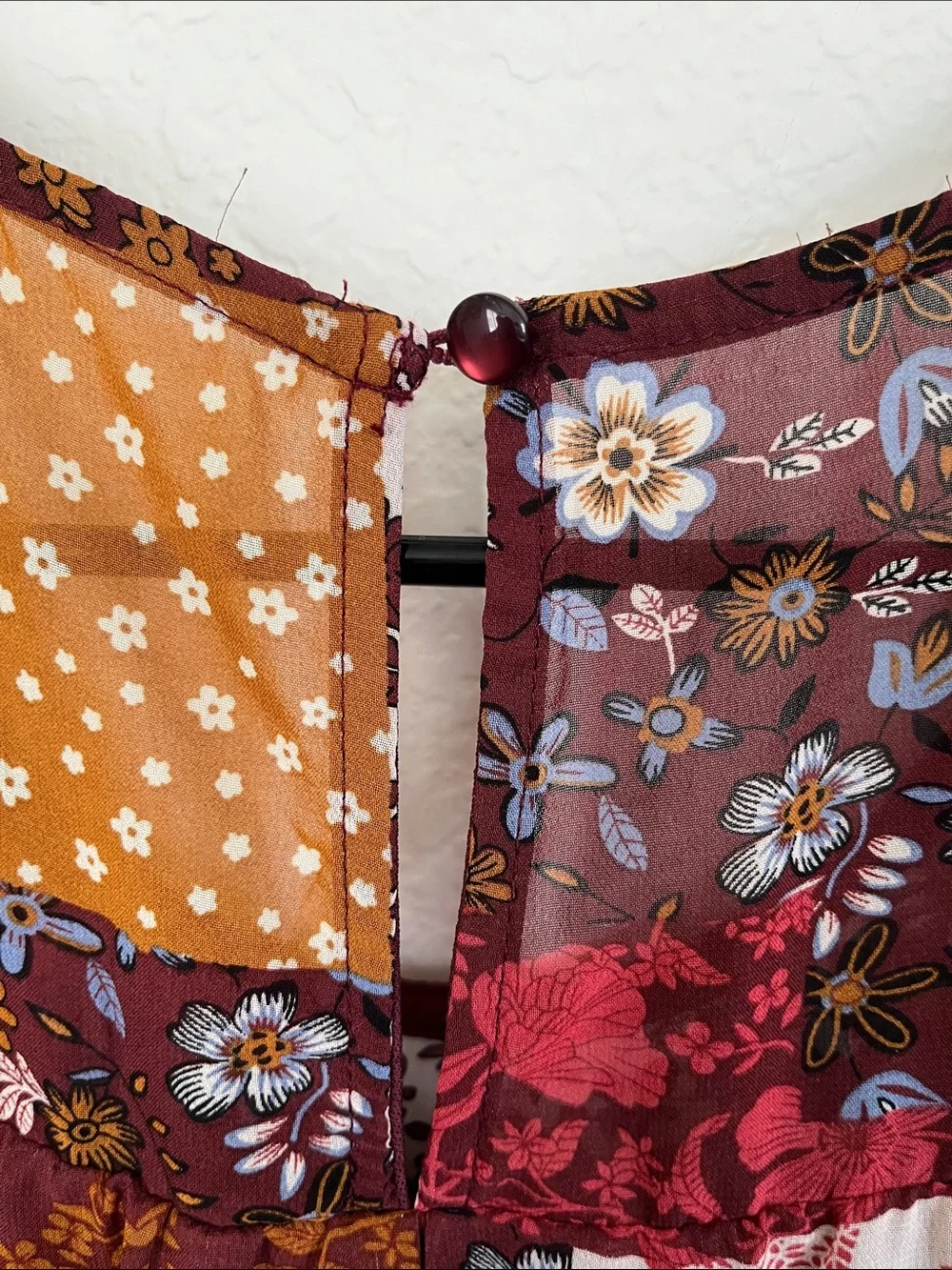 Boho Patchwork Floral Sleeveless Dress - Burgundy & Mustard